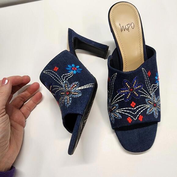 EUC IMPO fun embroidered Blue Slip on heeled mule 9.5 clean worn 1 - Picture 7 of 9